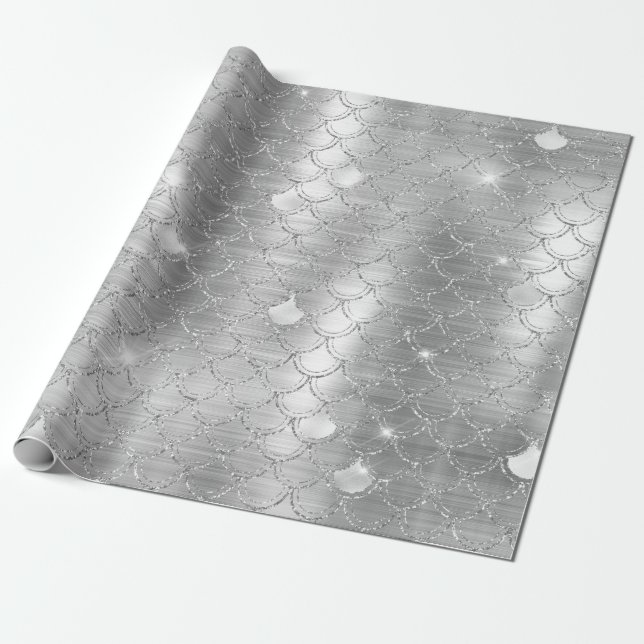 Stylish Silver Glitter Mermaid Fish Scales Pattern Wrapping Paper (Unrolled)