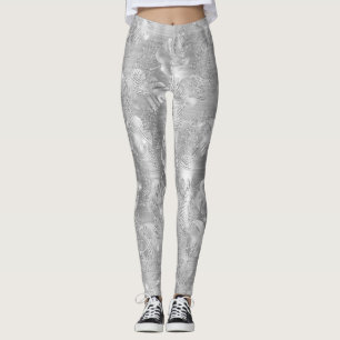 Stylish Silver Glitter Tropical Jungle Leaves Leggings