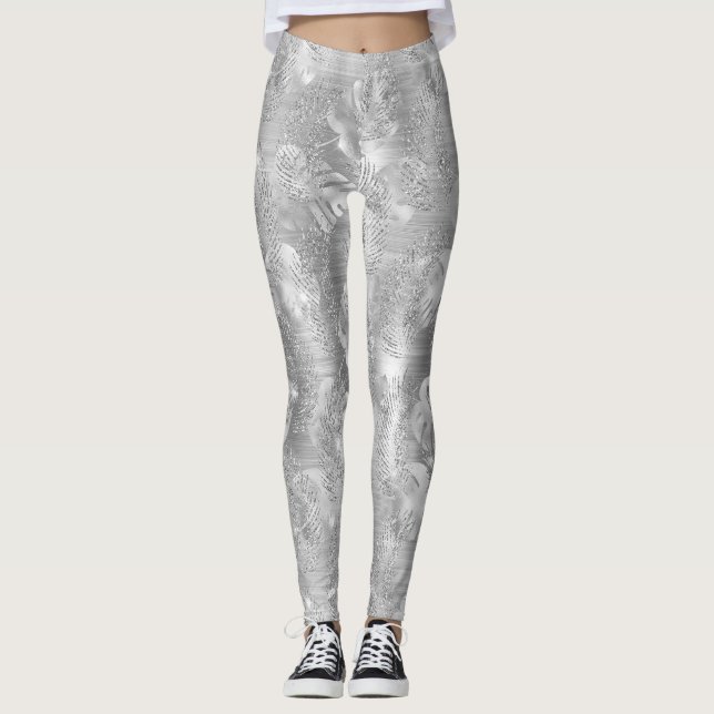 Stylish Silver Glitter Tropical Jungle Leaves Leggings (Front)