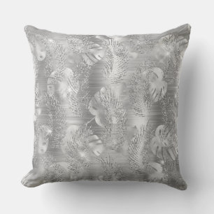 Stylish Silver Glitter Tropical Jungle Leaves Throw Pillow