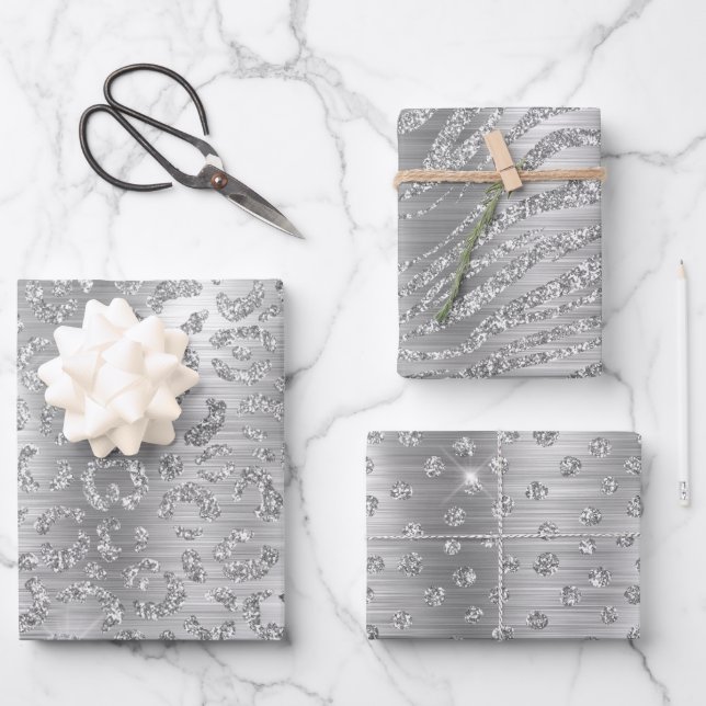 Stylish Silver Glitter Wild Big Cat Animal Pattern Wrapping Paper Sheet (Front)