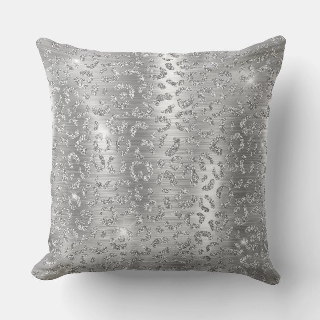 Stylish Silver Glitter Wild Leopard Spots Pattern Throw Pillow (Front)