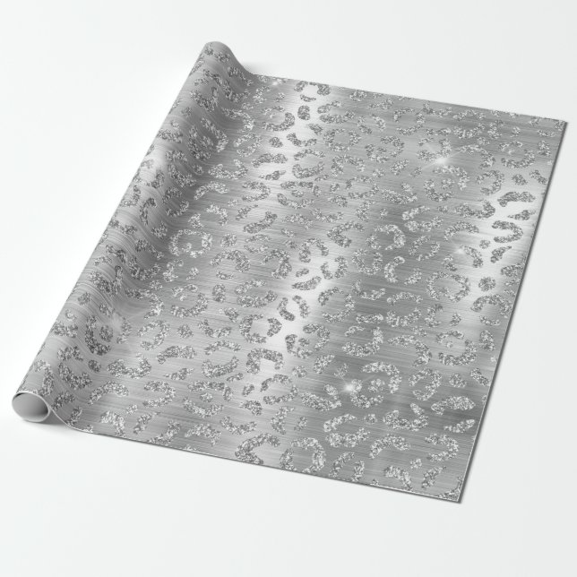 Stylish Silver Glitter Wild Leopard Spots Pattern Wrapping Paper (Unrolled)