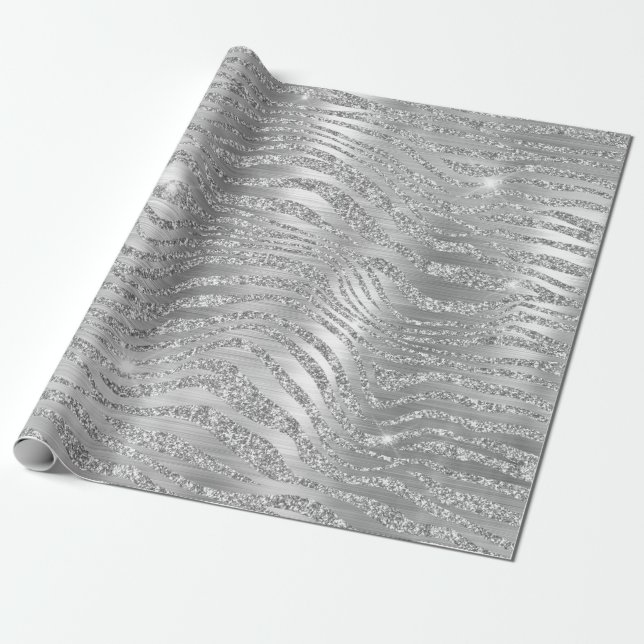 Stylish Silver Glitter Wild Zebra Stripes Pattern Wrapping Paper (Unrolled)