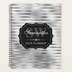 Stylish Silver Gradient Foil Stripes Monogram Planner