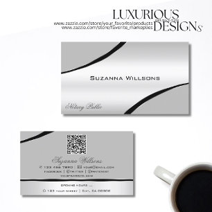 Stylish Silver Grey Curved Decor Lines and QR Code Business Card