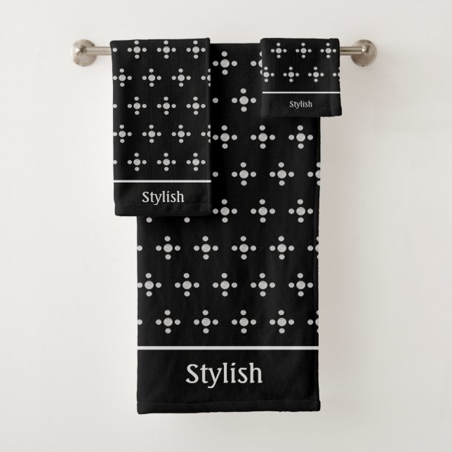 Stylish silver grey dots on black bath towel set (Insitu)
