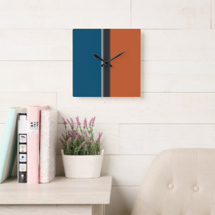 Stylish Silver Grey Navy Orange Red Blue Stripes Square Wall Clock