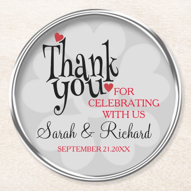 Stylish Silver Grey Wedding Thank You Round Paper Coaster (Front)