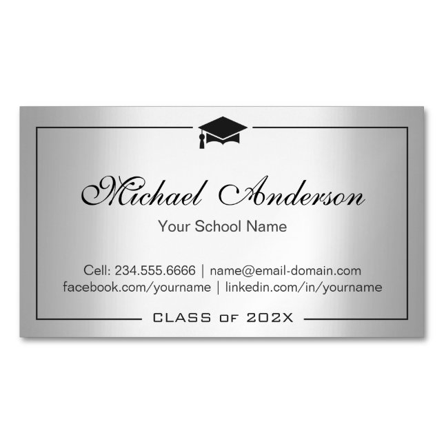 Stylish Silver Metallic Look Graduation Name Card (Front)