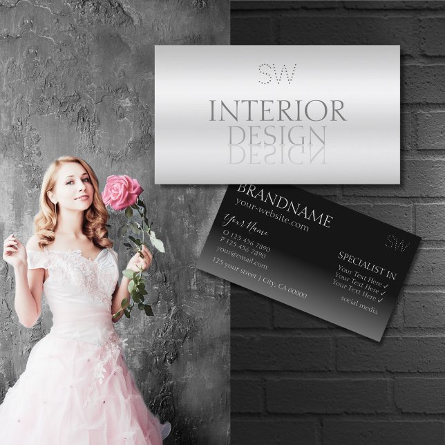 Stylish Silver Mirror Font with Monogram Modern Business Card (Creator Uploaded)