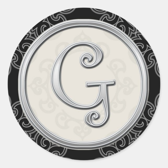 Stylish Silver Monogram Stickers::Initial G Seal (Front)