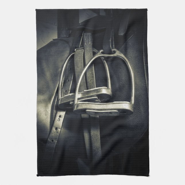 Stylish Silver Stirrups on English Riding Saddle Kitchen Towel (Vertical)