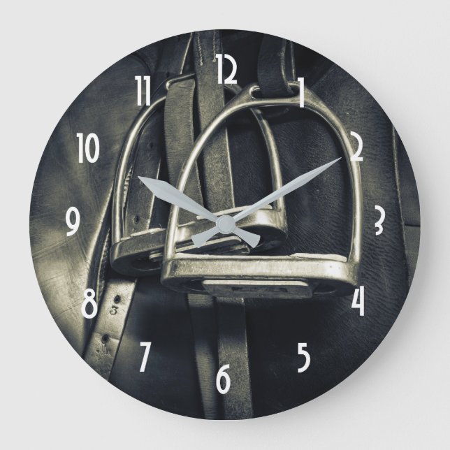 Stylish Silver Stirrups on English Riding Saddle Large Clock (Front)