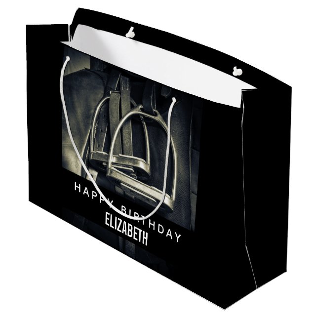 Stylish Silver Stirrups on English Riding Saddle Large Gift Bag (Back Angled)