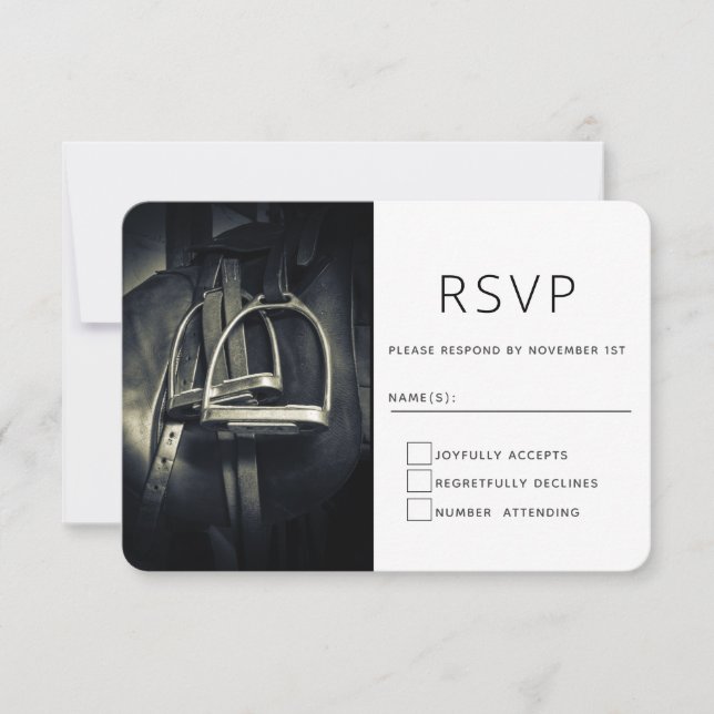 Stylish Silver Stirrups on English Riding Saddle RSVP Card (Front)