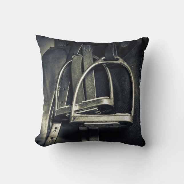 Stylish Silver Stirrups on English Riding Saddle Throw Pillow (Front)