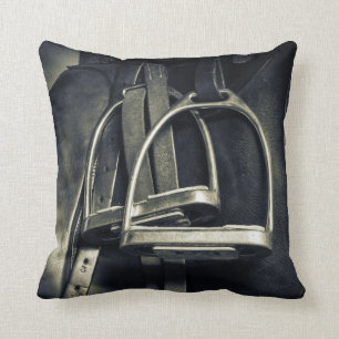 Stylish Silver Stirrups on English Riding Saddle Throw Pillow