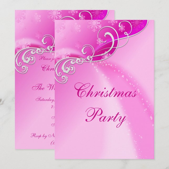 Stylish Silver Swirls & Pink Snowflake Sparkles Invitation (Front/Back)