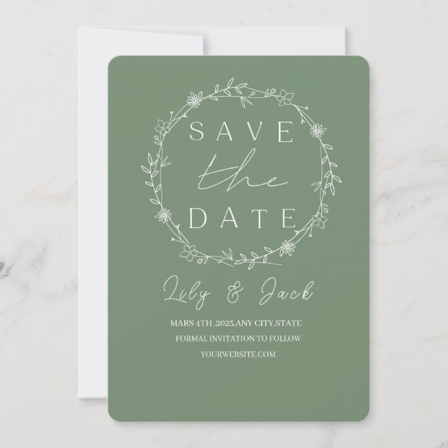 Stylish simple minimal Elegant modern sage green Save The Date (Front)