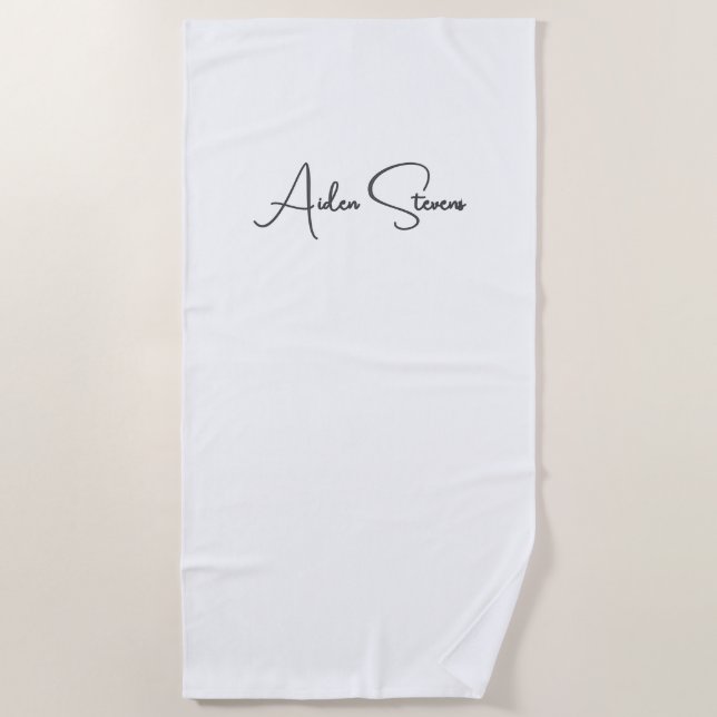 Stylish Simple Plain Black & White Minimalist Name Beach Towel (Front)