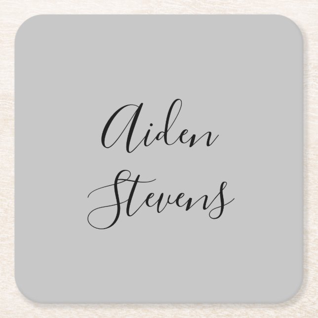 Stylish Simple Plain Grey Minimalist Calligraphy Square Paper Coaster (Front)