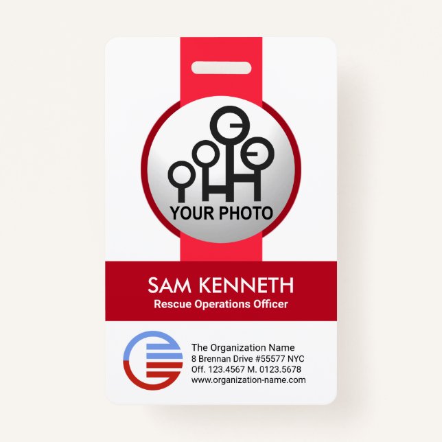 Stylish Simple Red Stripes Photo Template Staff ID Badge (Front)