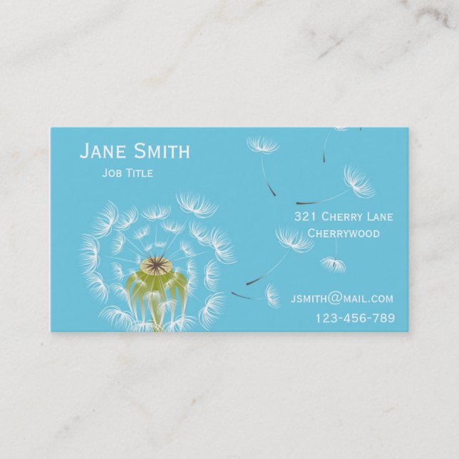 Stylish sky blue and white dandelion customisable business card (Front)