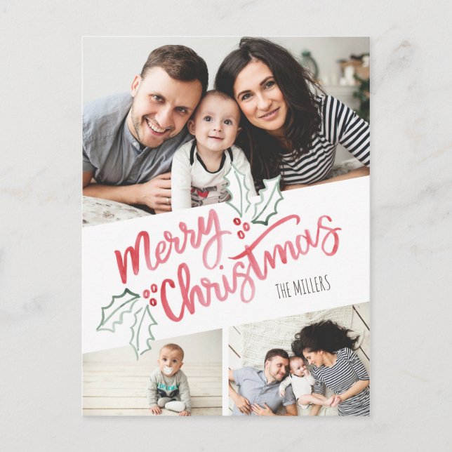 Stylish Slant Watercolor Merry Christmas 3-Photo Holiday Postcard (Front)