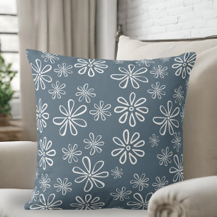 Stylish Slate Blue and White Floral Throw Pillow