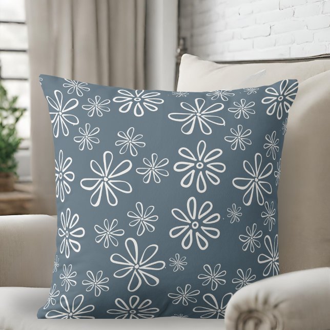 Stylish Slate Blue and White Floral Throw Pillow (Creator Uploaded)