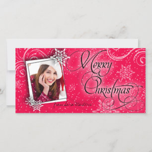 Stylish Snow Flakes Ruby Red Christmas Photo Card