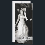 Stylish Snowflake Photo Wedding Thank You Card<br><div class="desc">Stylish wedding photo thank you skinny flat card. The front of the card has a custom wedding photo, across the whole front, with a decorative silvery band, at the bottom, with a silvery white snowflake and black text reading Thank You. The backside of the card is done in a decorative...</div>