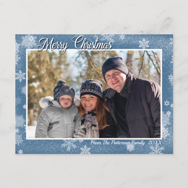 Stylish Snowflakes on Blue Merry Christmas Photo Postcard (Front)