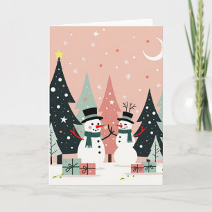 Stylish Snowman Duo Pink Retro Christmas Card