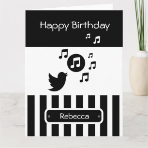 Stylish Songbird Black White Personalized Stripes Card