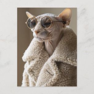 Stylish Sphynx Cat in Sunglasses and Sherpa Coat Postcard