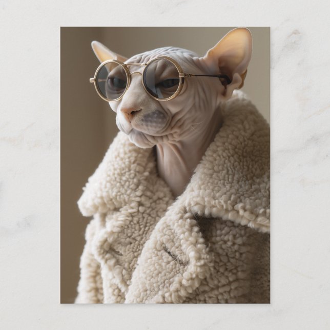 Stylish Sphynx Cat in Sunglasses and Sherpa Coat Postcard (Front)