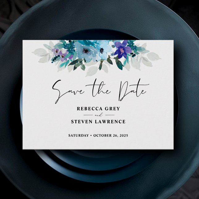 Stylish spring dusty blue purple floral wedding  save the date (Creator Uploaded)