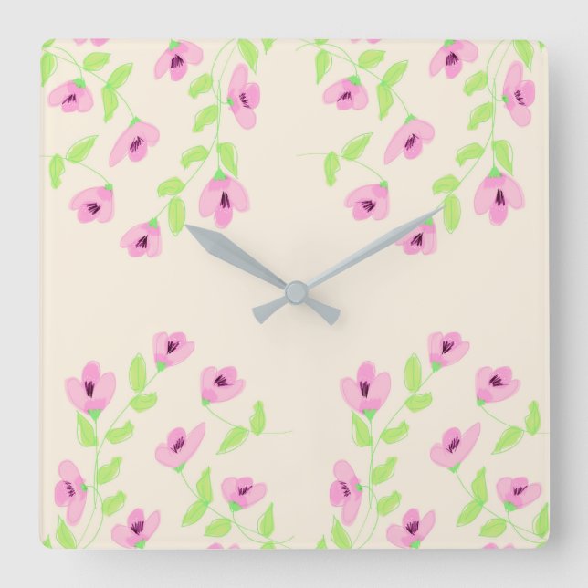 Stylish Square Clock With Pink Floral (Front)