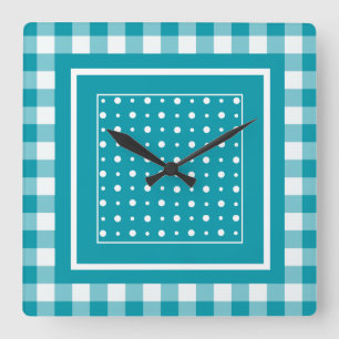 Stylish Square Wall Clock, Teal Check Gingham Square Wall Clock