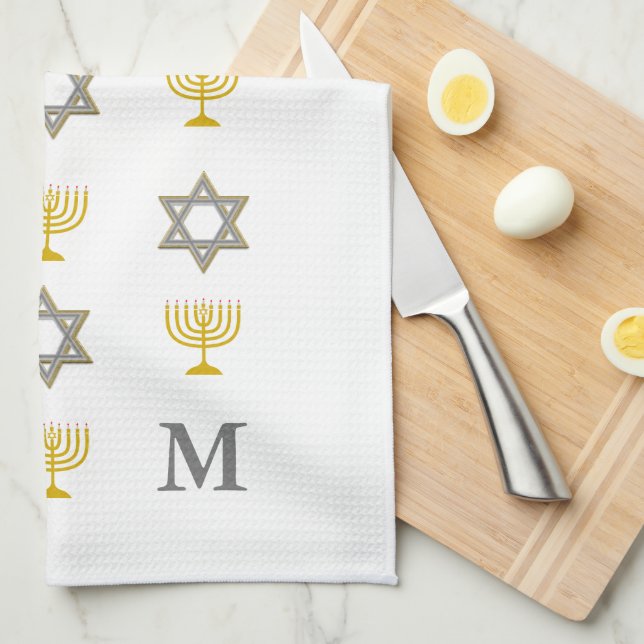  Stylish Star of David Menorah Jewish Monogram Kitchen Towel (Quarter Fold)