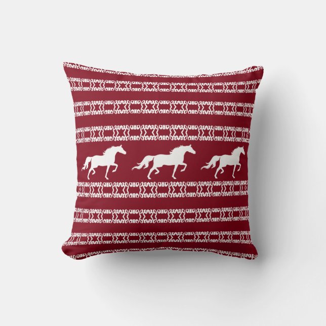 Stylish star pattern & horses in burgundy & white throw pillow (Front)