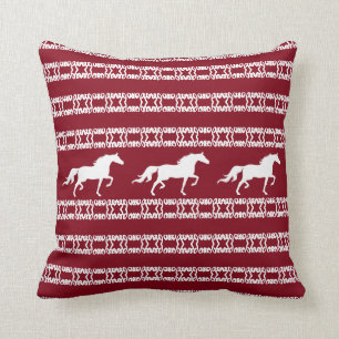 Stylish star pattern & horses in burgundy & white throw pillow