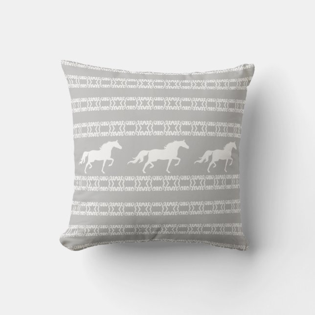 Stylish star pattern & horses in grey & white throw pillow (Front)