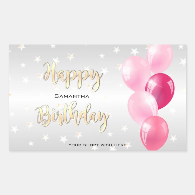 Stylish Starry Happy Birthday and Pink Balloons Sticker (Front)