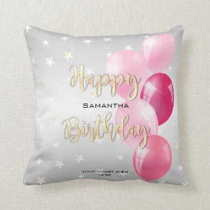 Stylish Starry Happy Birthday and Pink Balloons Throw Pillow