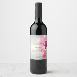 Stylish Starry Happy Birthday and Pink Balloons Wine Label