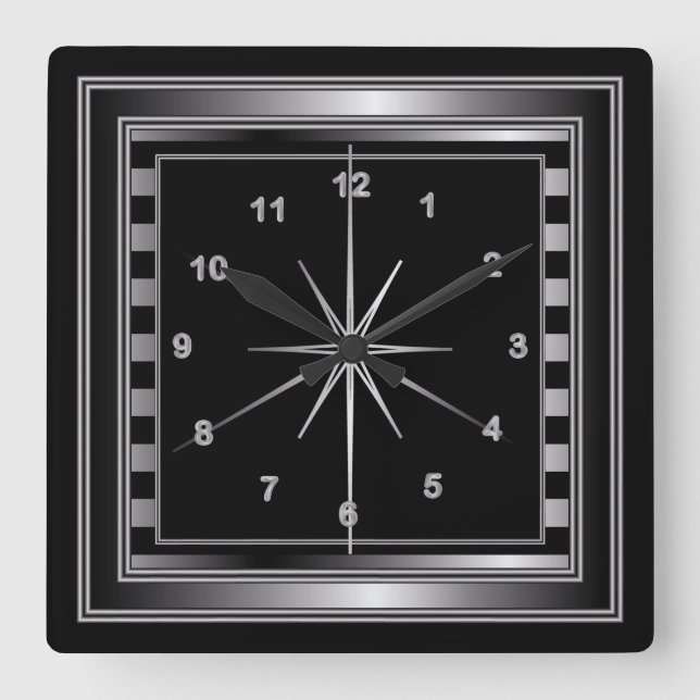 Stylish Steel Silver and Black Stripes Square Wall Clock (Front)