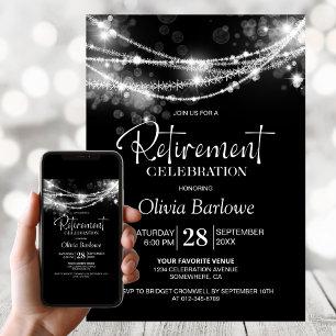 Stylish String Lights Black Retirement Party Invitation